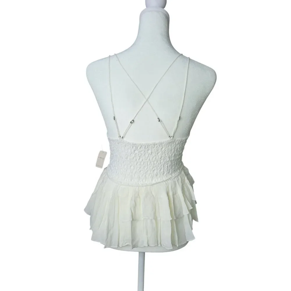 Free People Adella Cami Lace & Ruffled Hem White Tank Top Small - Picture 3 of 8